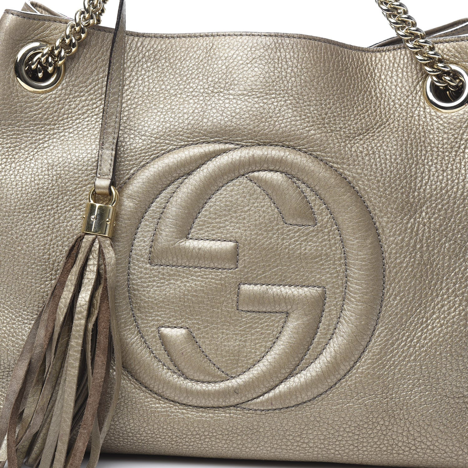 Gucci Metallic Pebbled Calfskin Medium Soho Chain Shoulder Bag Golden Beige 14 of 17