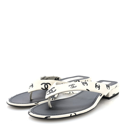 Chanel Lambskin Printed CC Thong Sandals 40 White Black 4 of 9