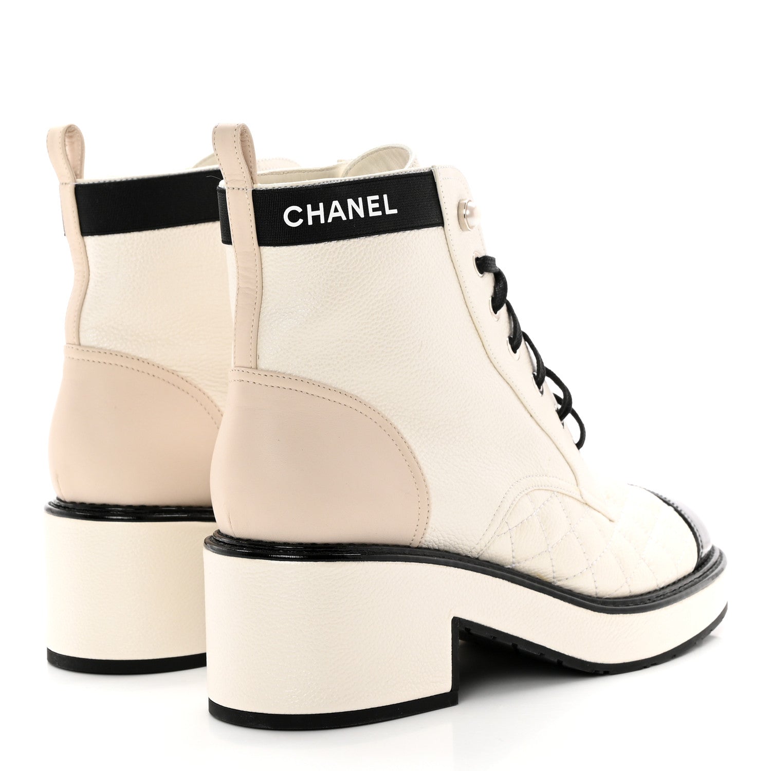 Chanel Pearly Calfskin Patent Calfskin Quilted Lace Up Boots 38 White Light Gray Black 4 of 17