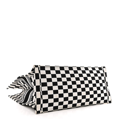 Christian Dior Canvas Embroidered Checkered Book Tote Black White 4 of 10