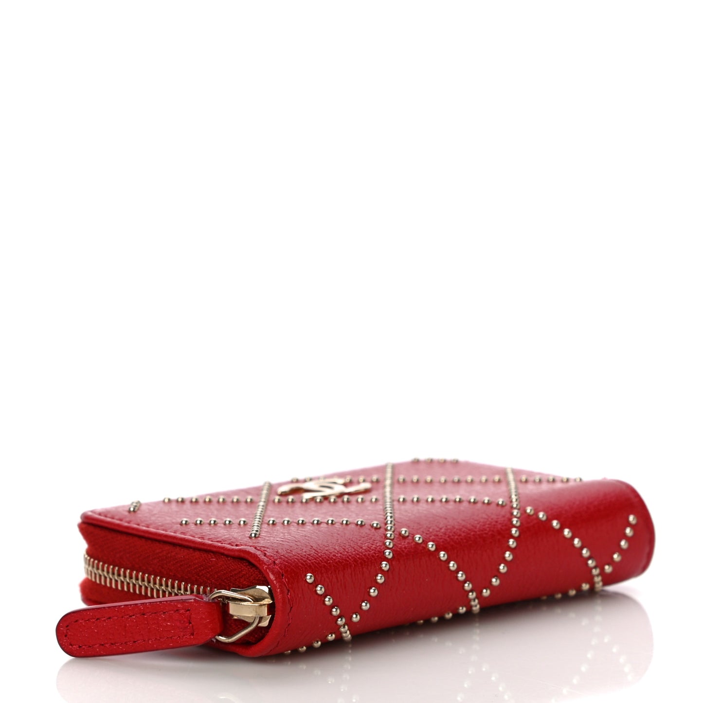 Shiny Lambskin Studded Rock The Diamond CC Zip Around Coin Purse Red