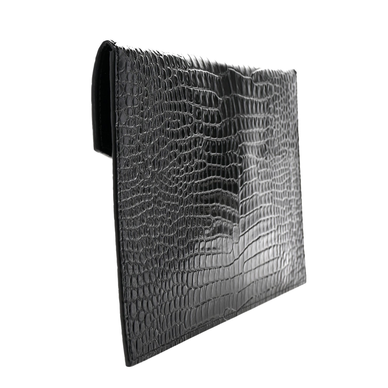 Saint Laurent Calfskin Crocodile Embossed Uptown Monogram Pouch Black 3 of 6