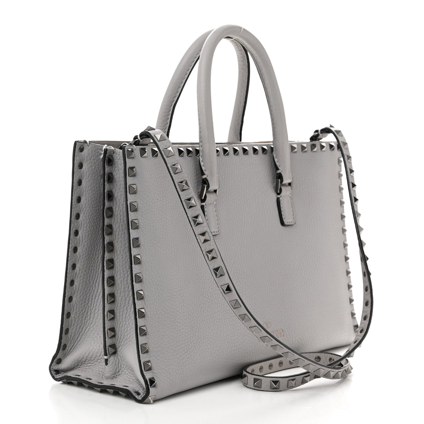 Grained Calfskin Medium Rockstud Double Handle Horizontal Tote Pastel Grey