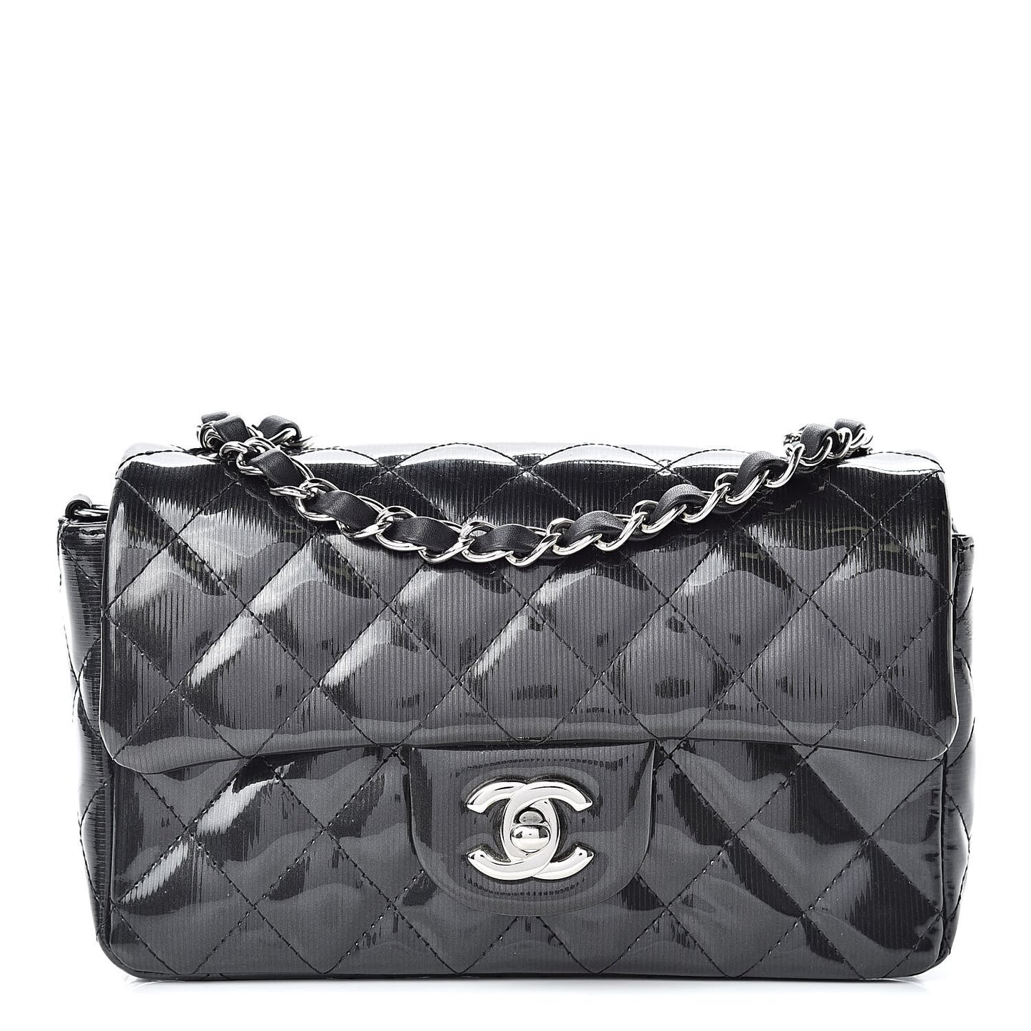 Striated Patent Calfskin Quilted Mini Rectangular Flap Dark Gray