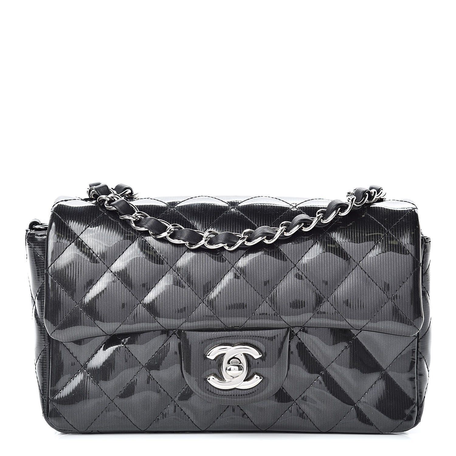 Chanel Striated Patent Calfskin Quilted Mini Rectangular Flap Dark Gray 1 of 10