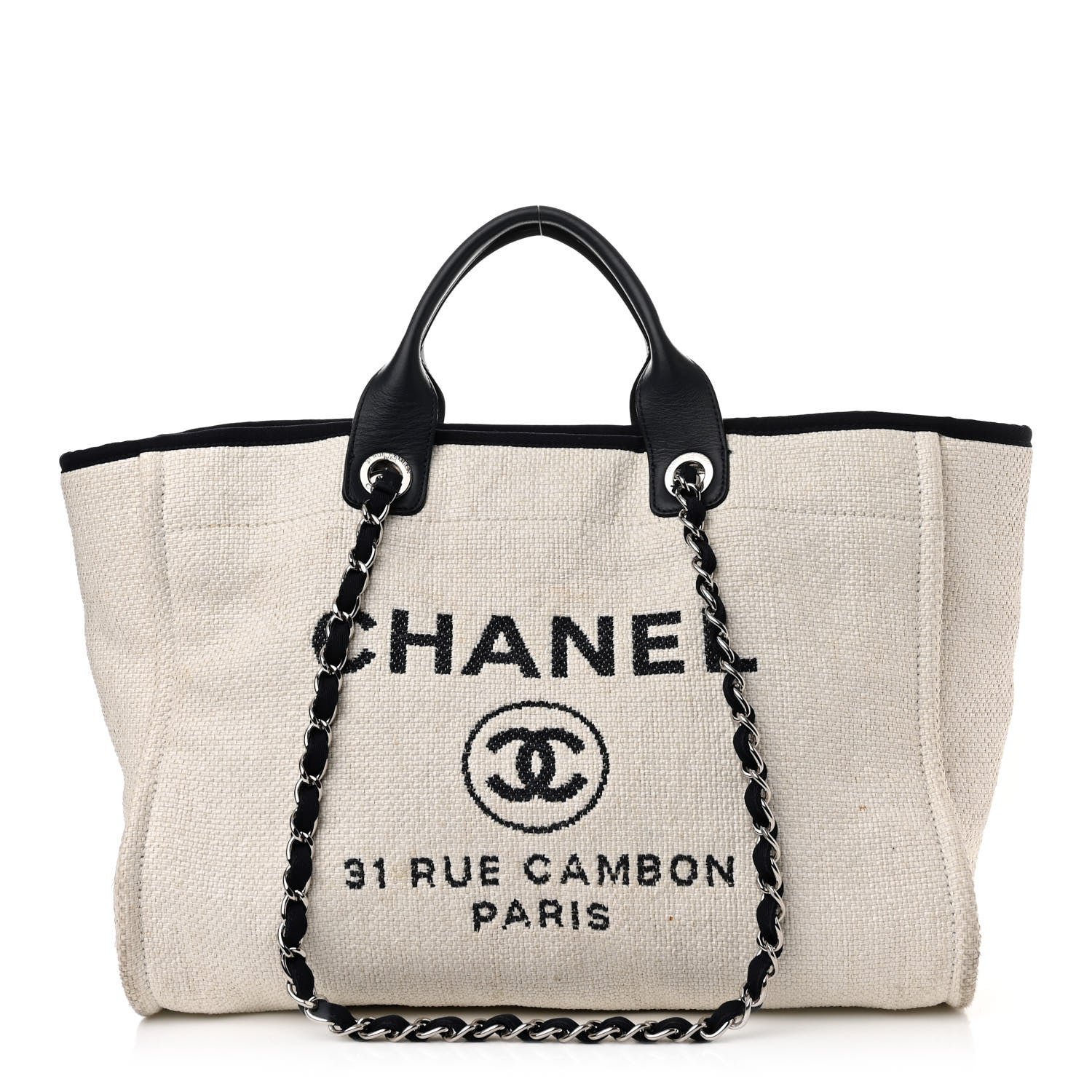 Chanel Woven Straw Raffia Medium Deauville Tote White Navy 1 of 15