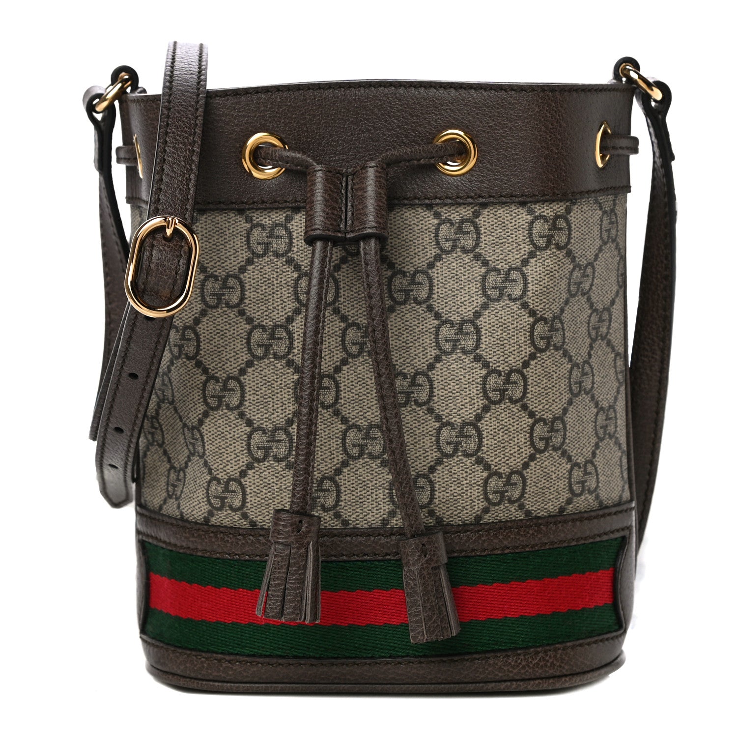 Gucci GG Supreme Monogram Web Mini Ophidia Bucket Bag Brown 1 of 9