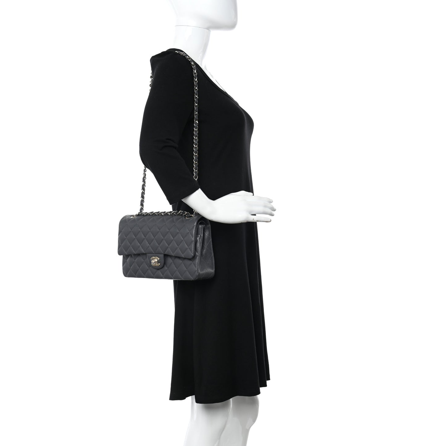 Caviar Quilted Medium Double Flap Dark Grey