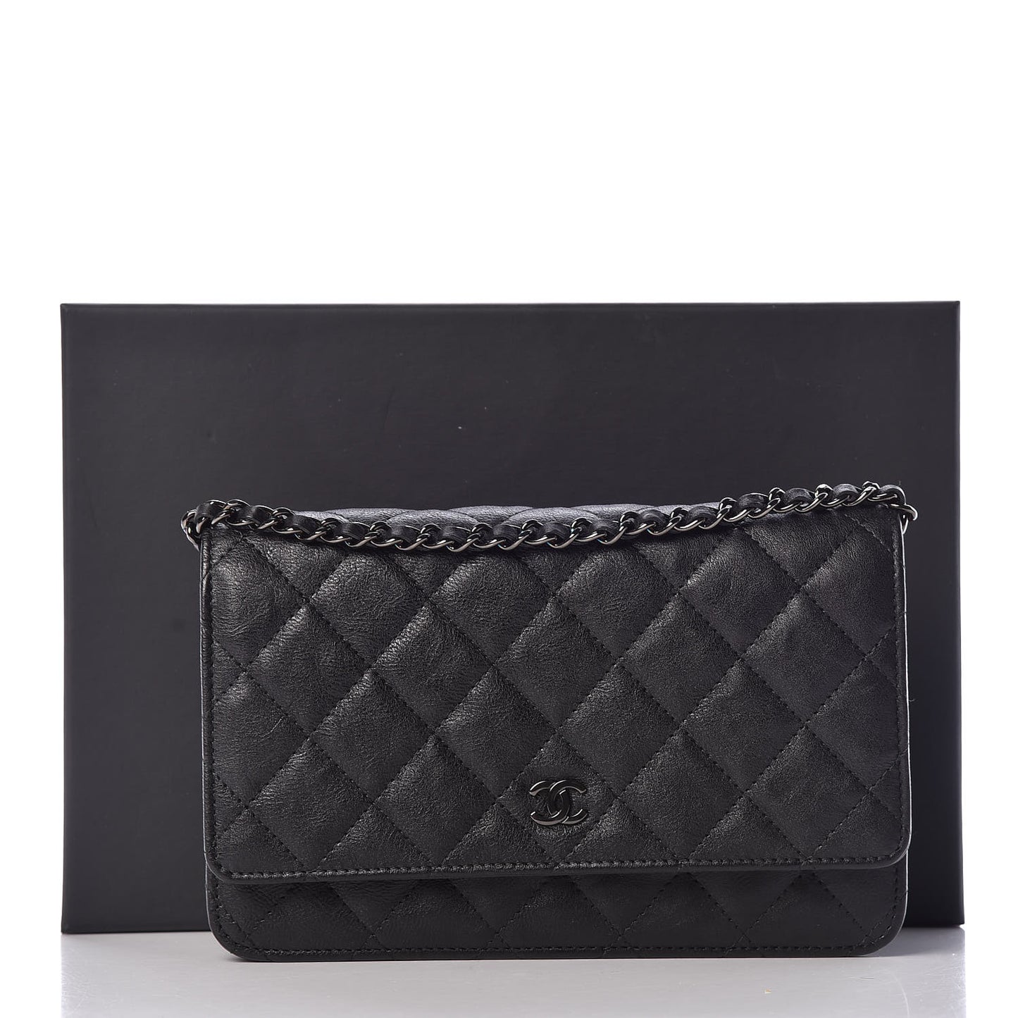 Crumpled Calfskin Quilted Wallet On Chain WOC So Black