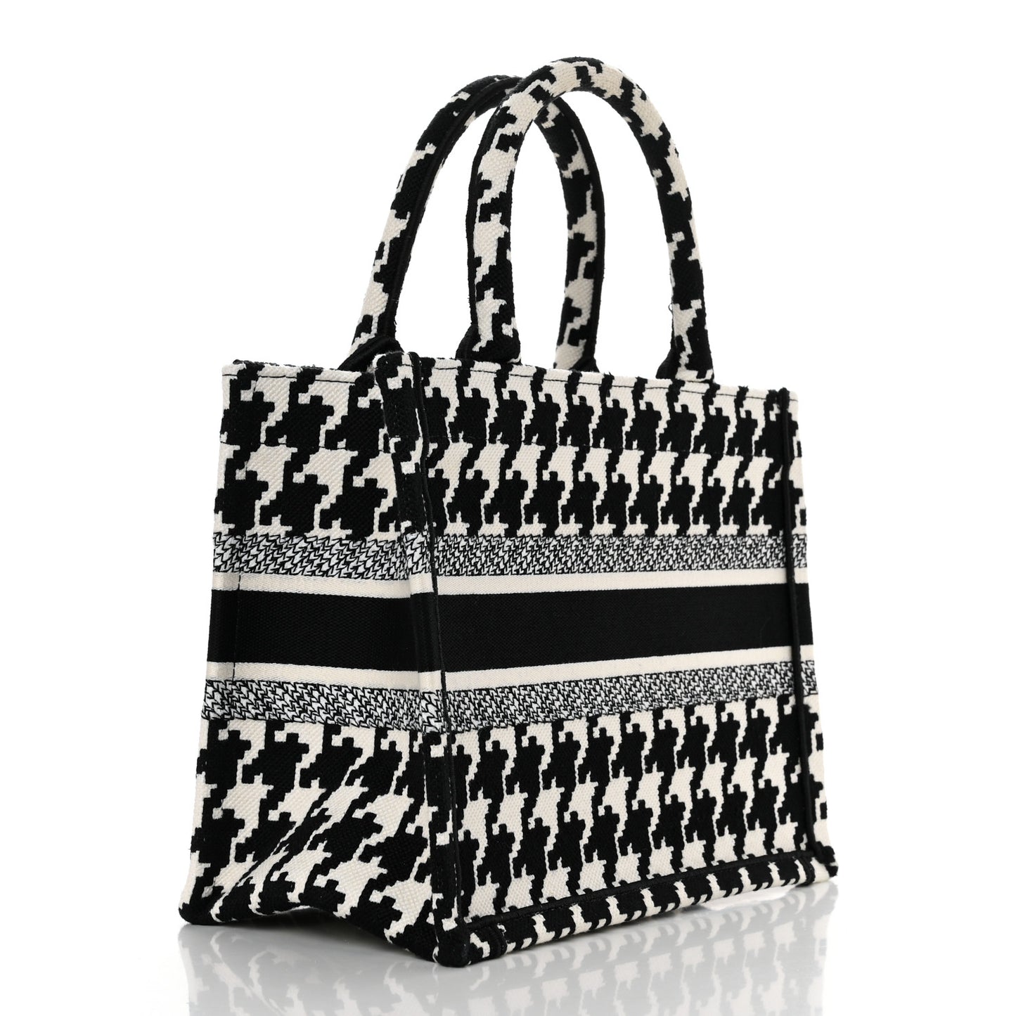 Canvas Houndstooth Embroidered Small Book Tote Black White