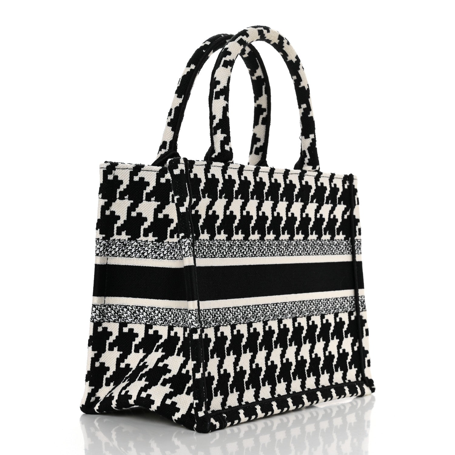 Christian Dior Canvas Houndstooth Embroidered Small Book Tote Black White 3 of 11