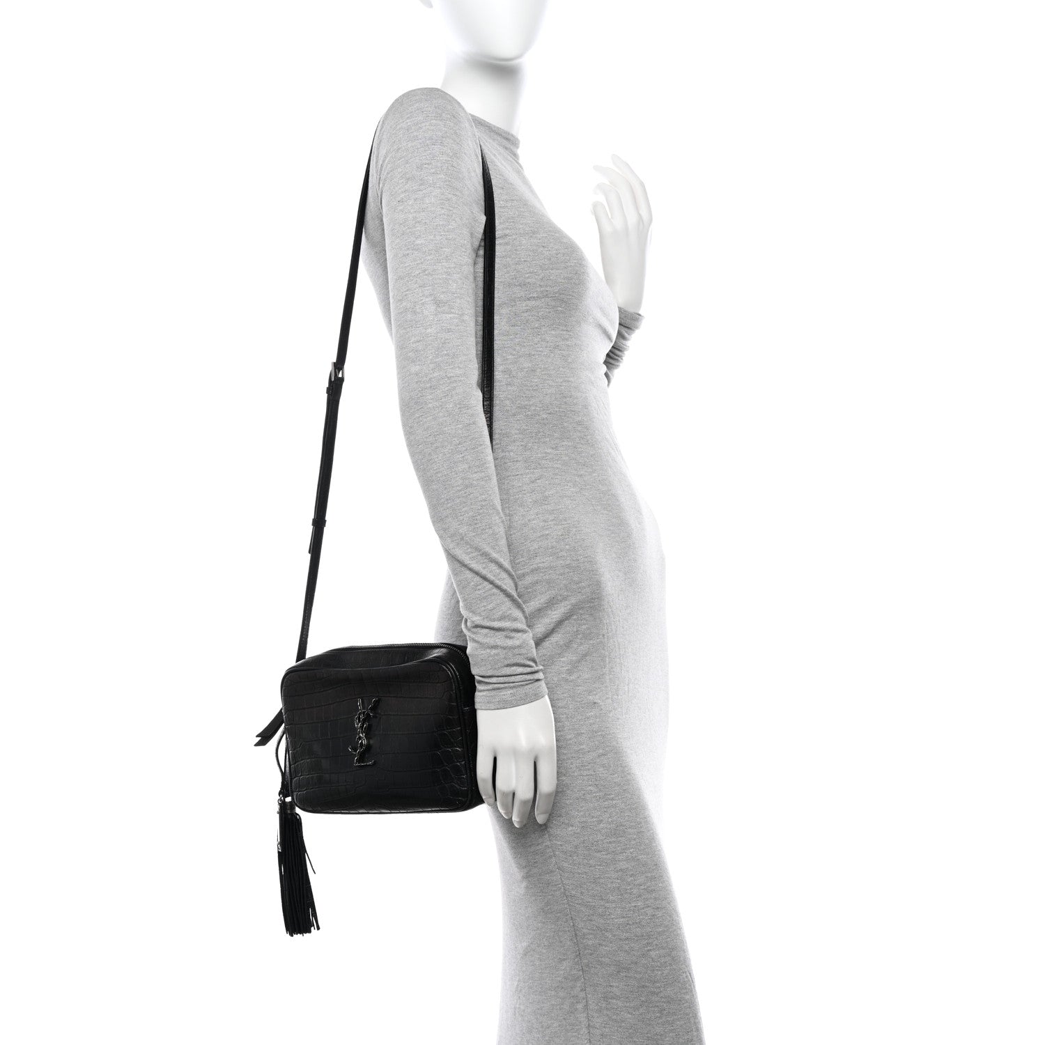 Saint Laurent Calfskin Crocodile Embossed Monogram Lou Camera Bag Black 2 of 13