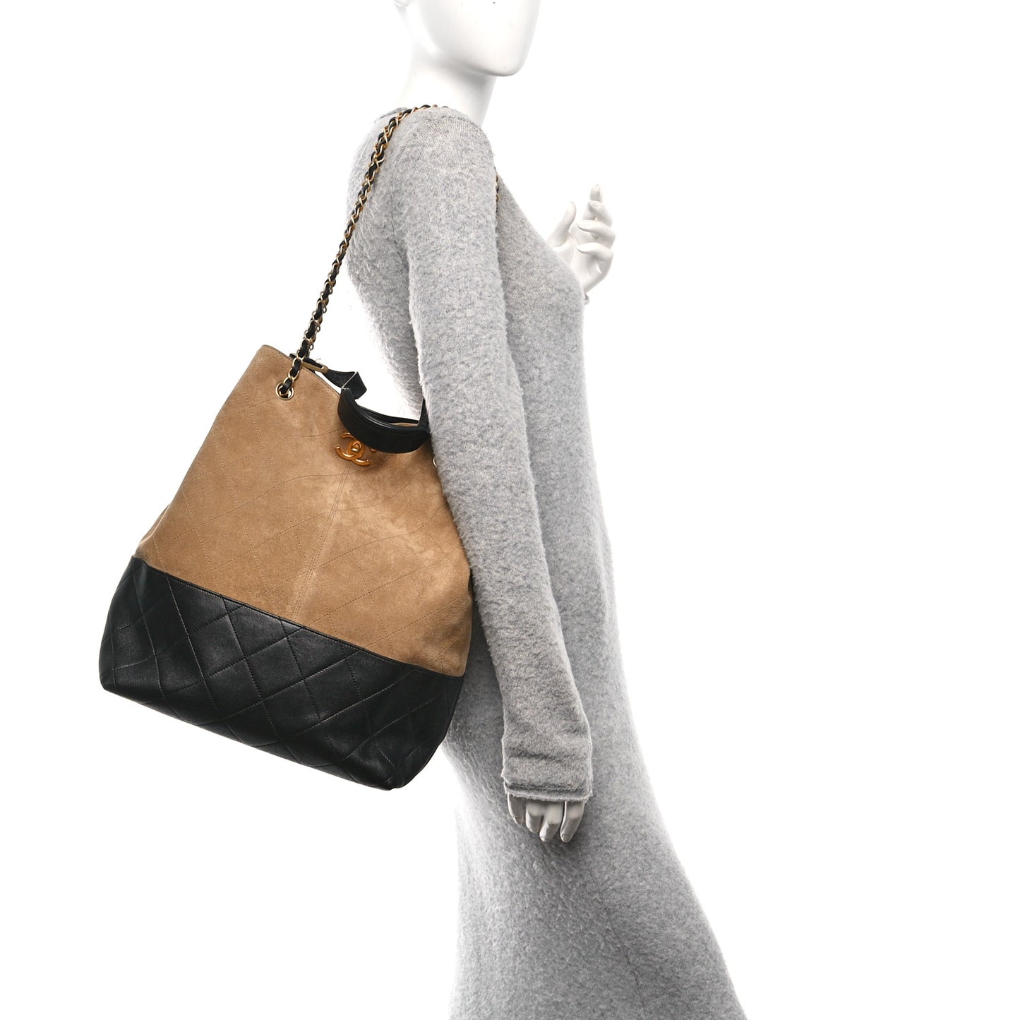 Suede Calfskin Shiny Lambskin Quilted Large Coco Base Shopping Bag Beige Black