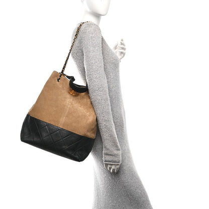 Chanel Suede Calfskin Shiny Lambskin Quilted Large Coco Base Shopping Bag Beige Black 2 of 10
