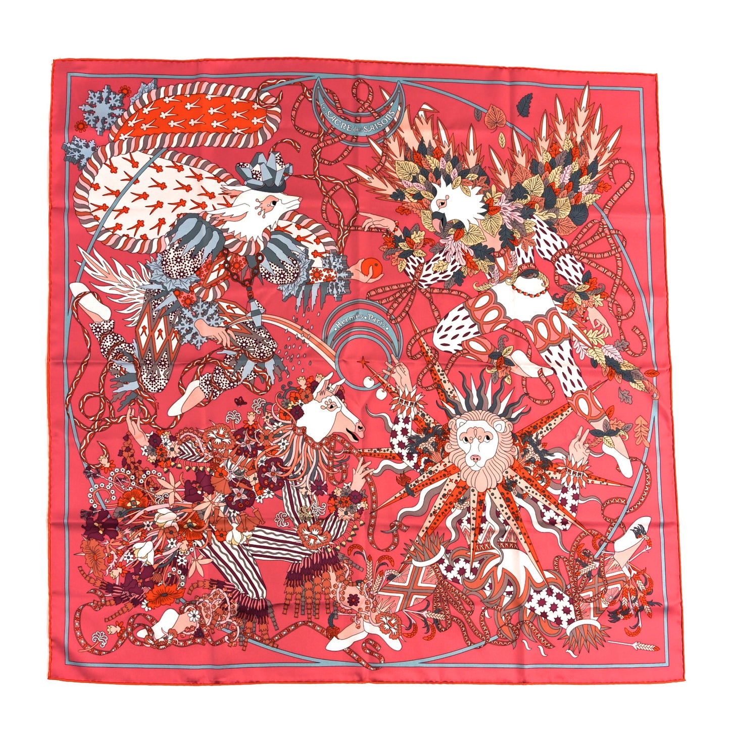 Silk Le Sacre Des Saisons Scarf 90  Vieux Rose Gris Bleute Orange