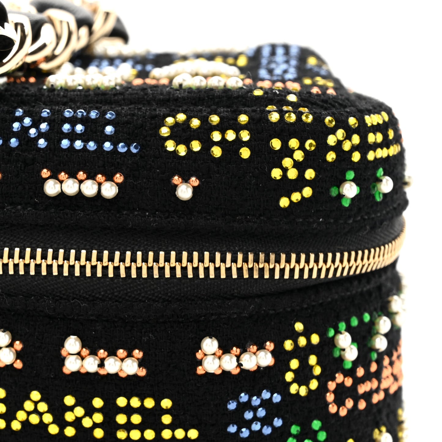Tweed Pearl Studded Vanity Wrist Case With Chain Black Multicolor