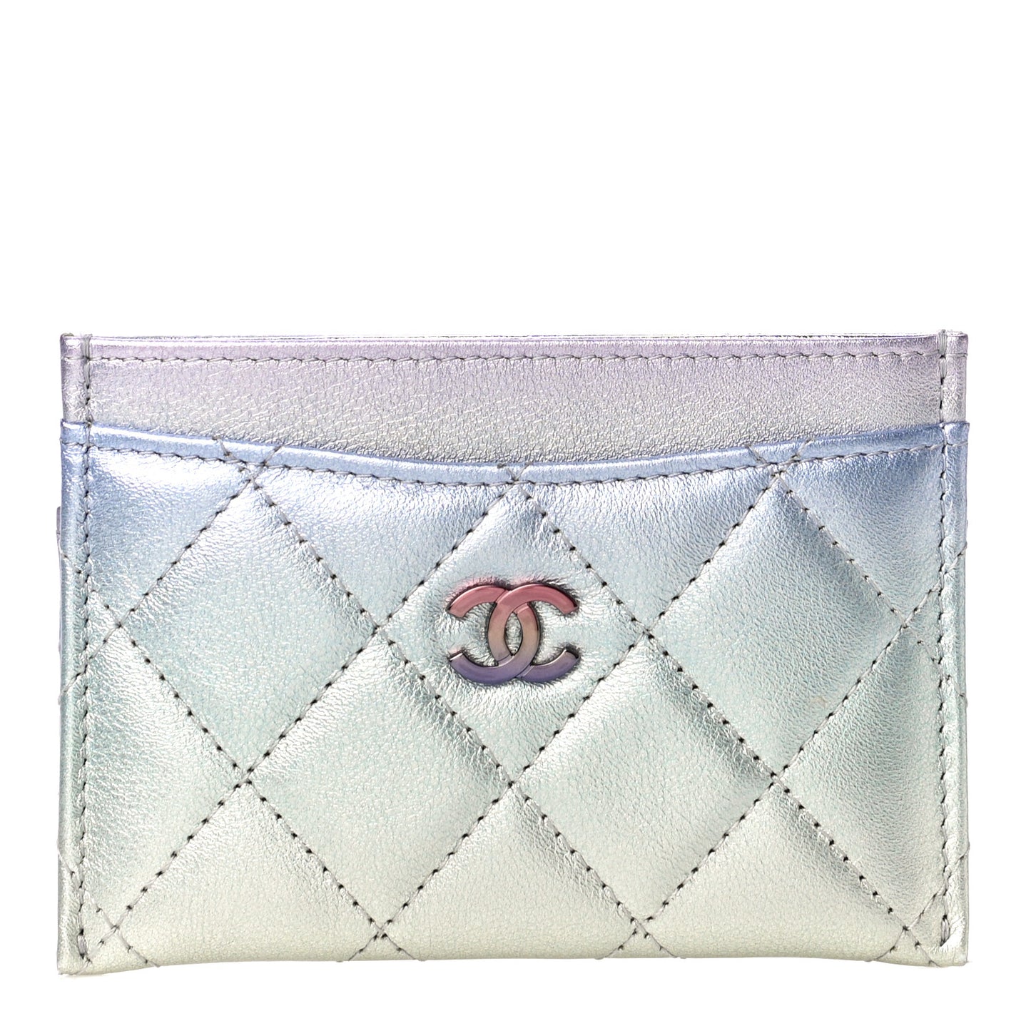 Gradient Metallic Calfskin Quilted Card Holder Silver Blue Yellow Purple