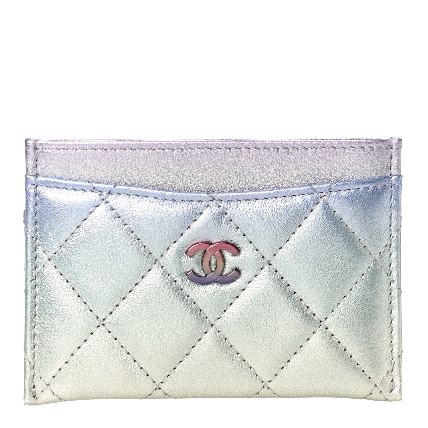 Chanel Gradient Metallic Calfskin Quilted Card Holder Silver Blue Yellow Purple 1 of 12