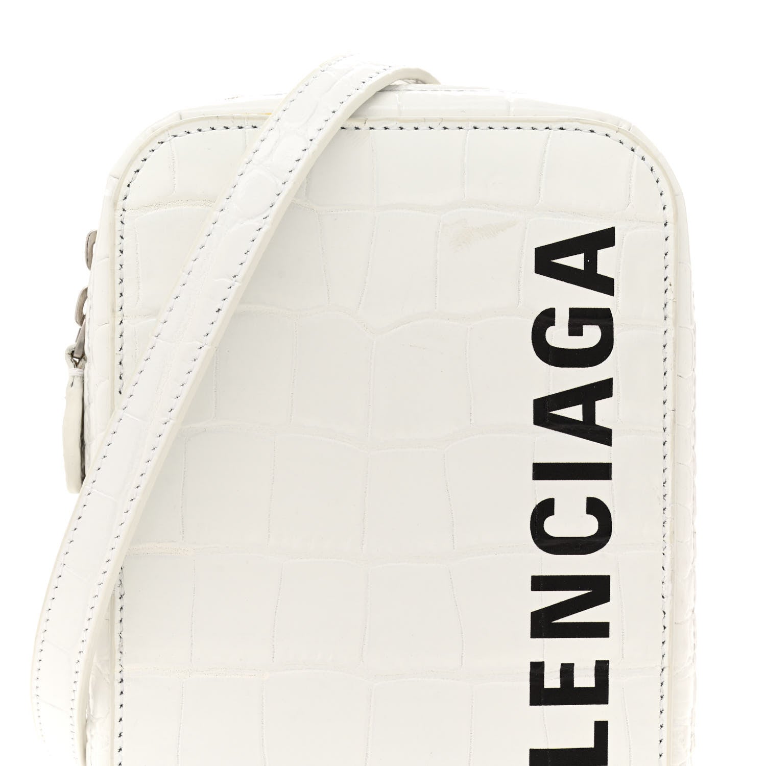 Balenciaga Shiny Calfskin Logo Crocodile Embossed Cash Phone Holder Bag White Black 8 of 13