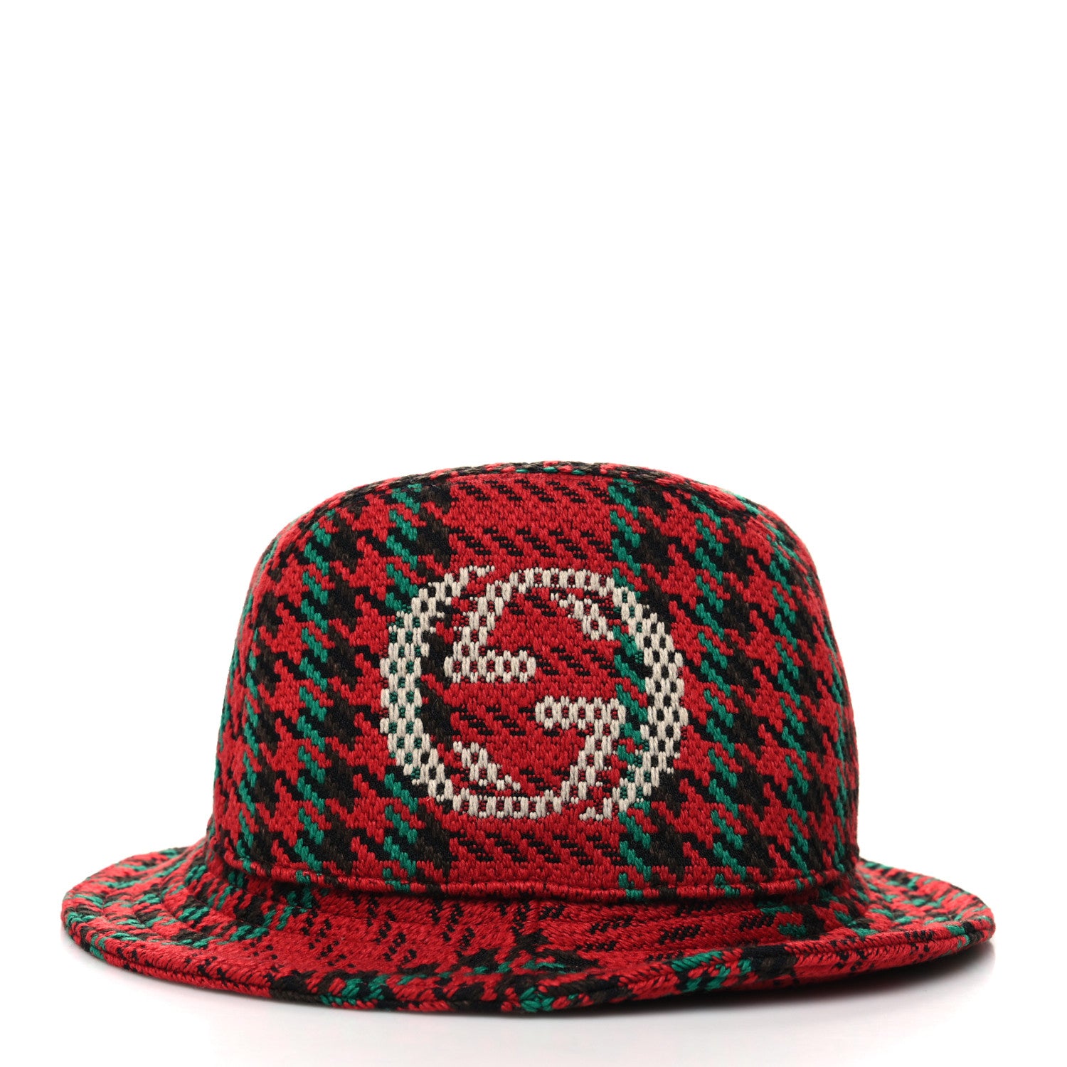 Gucci Tweed Wool Houndstooth Interlocking G Bucket Hat L Red Green 5 of 8
