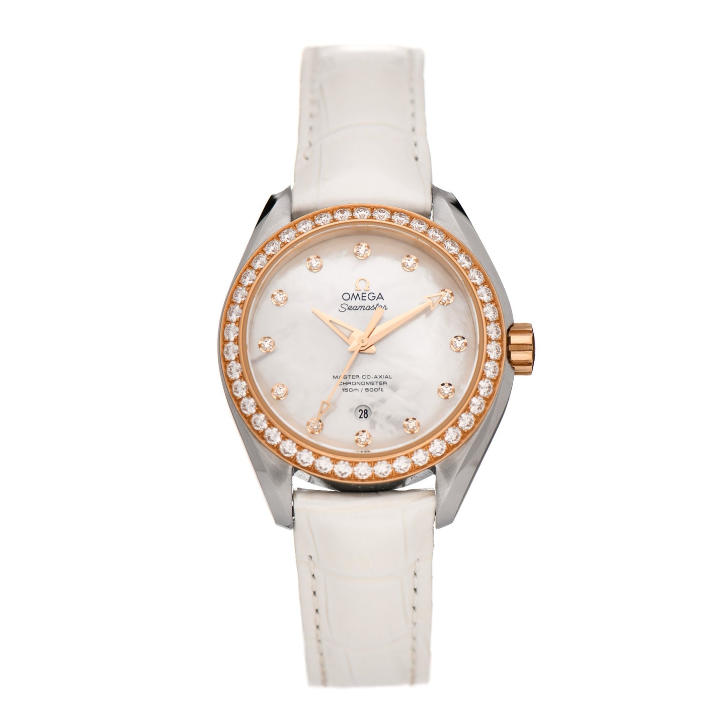 Stainless Steel 18K Sedna Gold Alligator Diamond Bezel Mother of Pearl 34mm Seamaster Aqua Terra Co-Axial Chronometer Automatic Watch 231.28.34.20.55.003