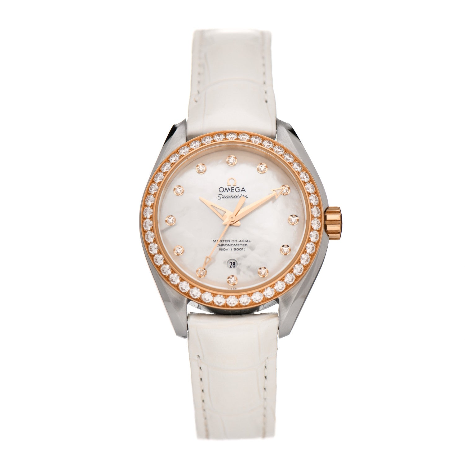 Omega Stainless Steel 18K Sedna Gold Alligator Diamond Bezel Mother of Pearl 34mm Seamaster Aqua Terra Co-Axial Chronometer Automatic Watch 231.28.34.20.55.003 1 of 5