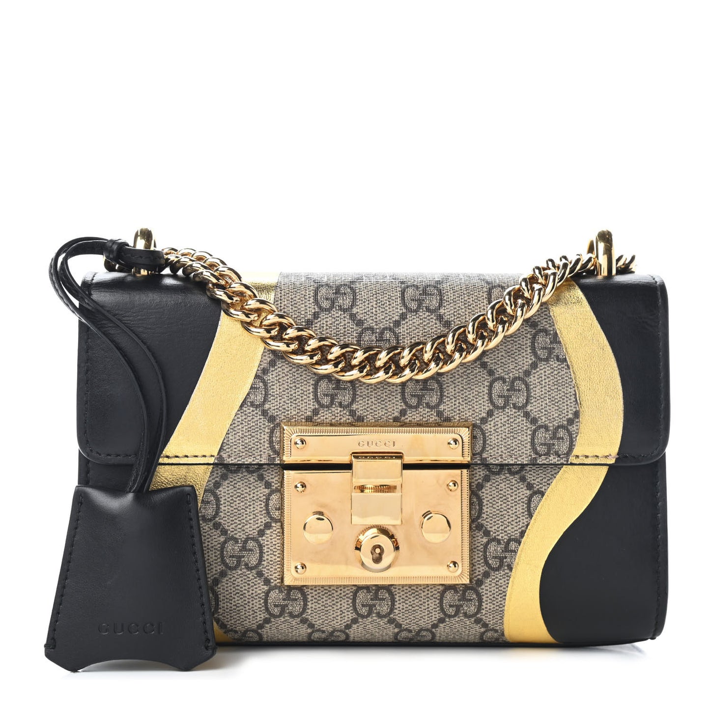 Calfskin GG Supreme Monogram Small Padlock Shoulder Bag Black Gold