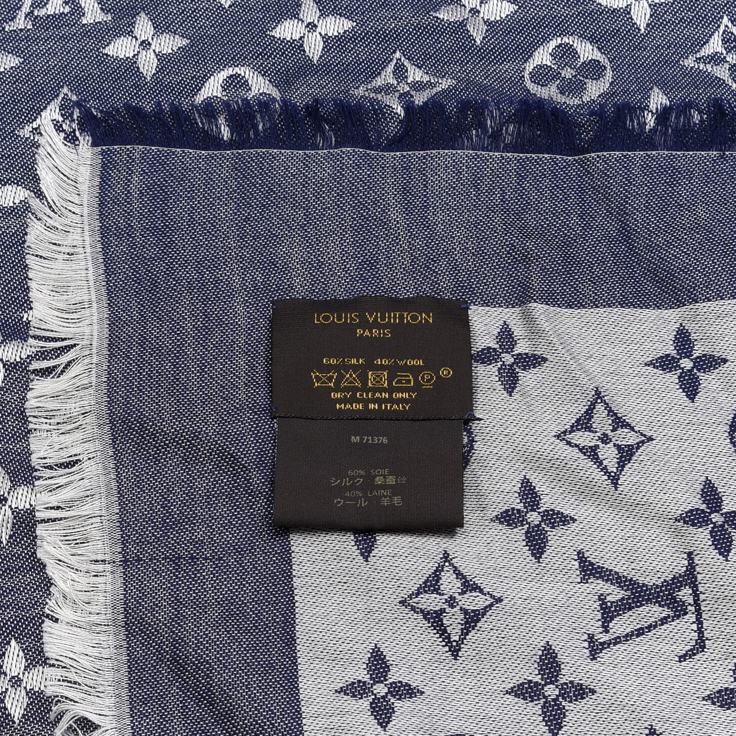 Silk Wool Monogram Denim Shawl Blue