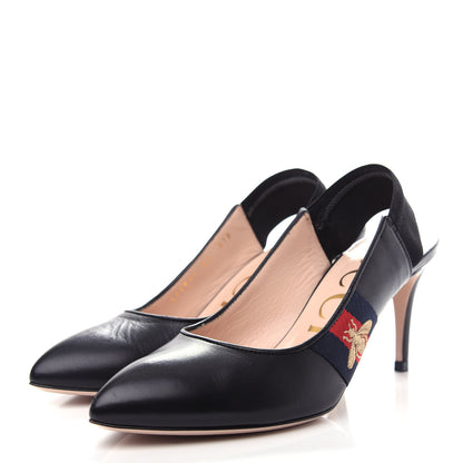 Gucci Malaga Kid Web Mid Heel Slingback Pumps 37 Black 6 of 12