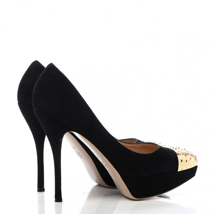 Valentino Garavani Suede Rockstud Cap Toe Platform Pumps 39.5 Black Gold 4 of 8