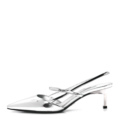 Prada Metallic Calfskin Pointed Toe 55mm Slingback Pumps 38 Argento 1 of 7