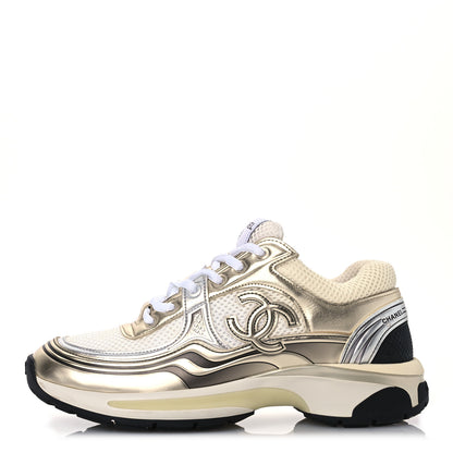 Chanel Fabric Laminated Calfskin Stretch CC Womens Sneakers 37.5 White Gold Silver 1 of 14