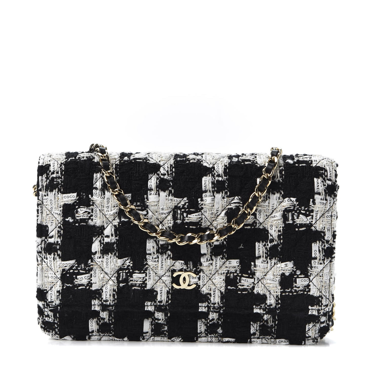 Tweed Quilted Wallet On Chain WOC Black Ecru White
