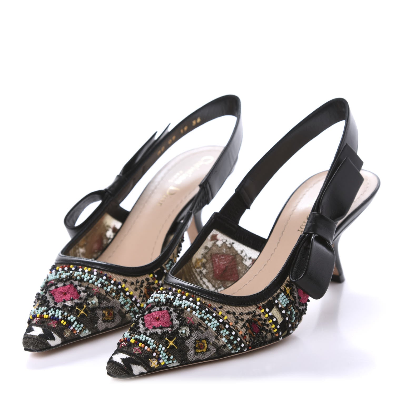 Christian Dior Embroidered Calfskin Beaded Sweet D Sling-Back Pumps 36 Black Turquoise 3 of 9