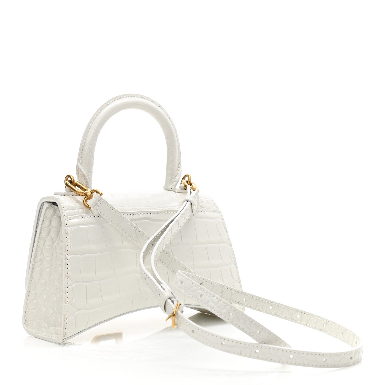 Balenciaga Shiny Calfskin Crocodile Embossed Hourglass Top Handle Bag XS White 2 of 10