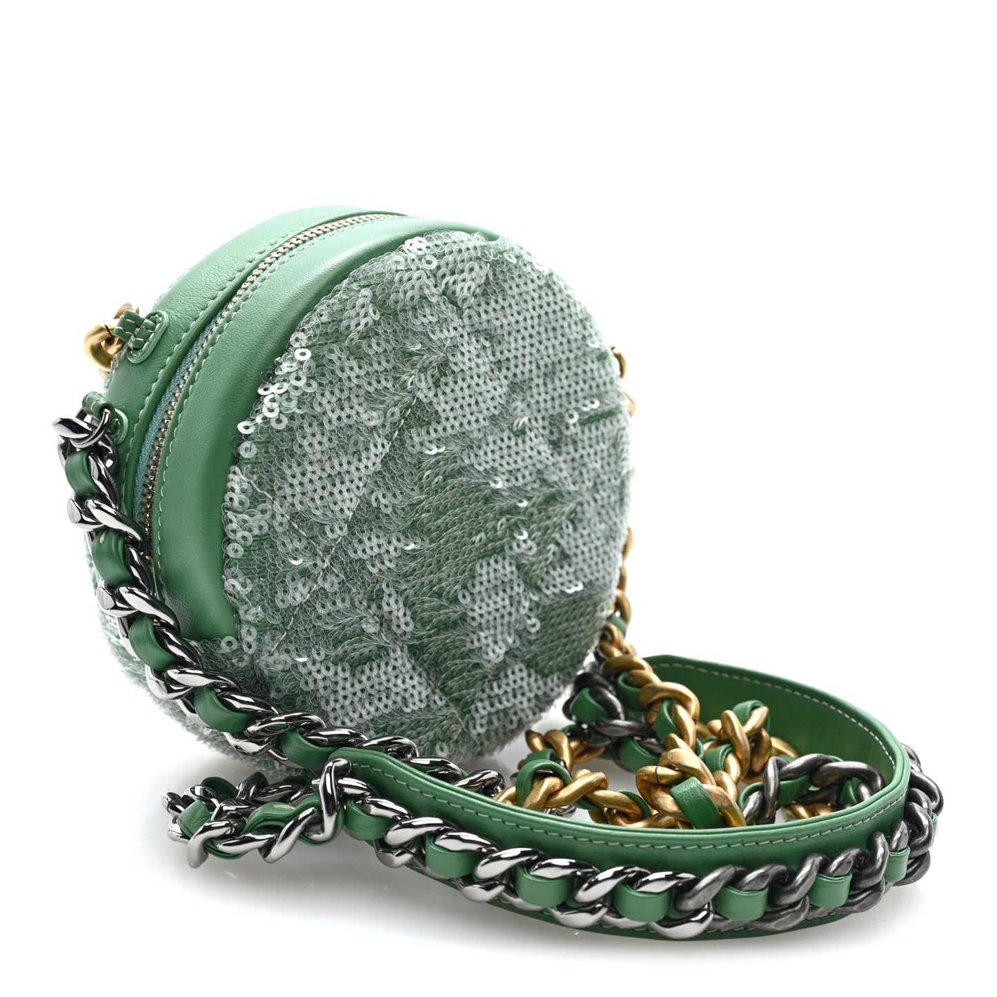 Sequin Chanel 19 Round Clutch With Chain Green Green