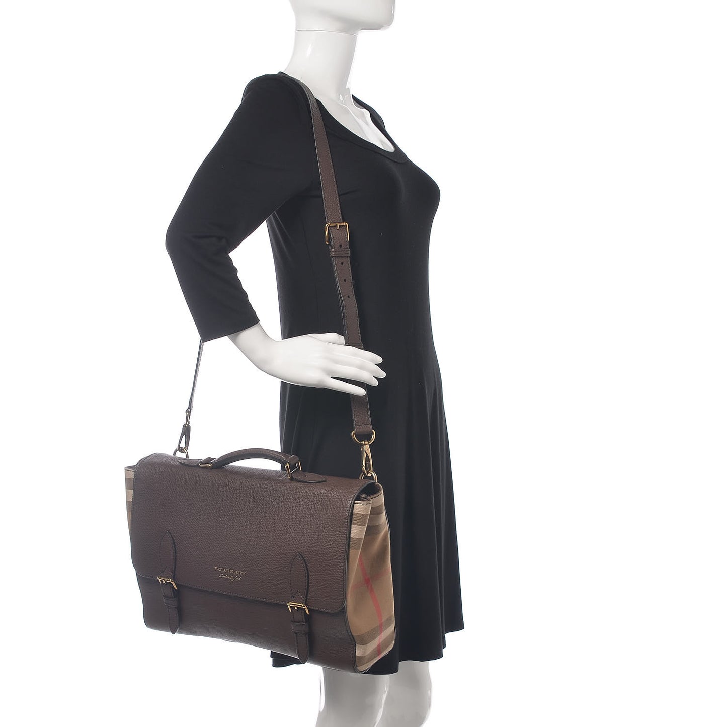 Grainy Calfskin House Check Ethan Satchel Oak Brown
