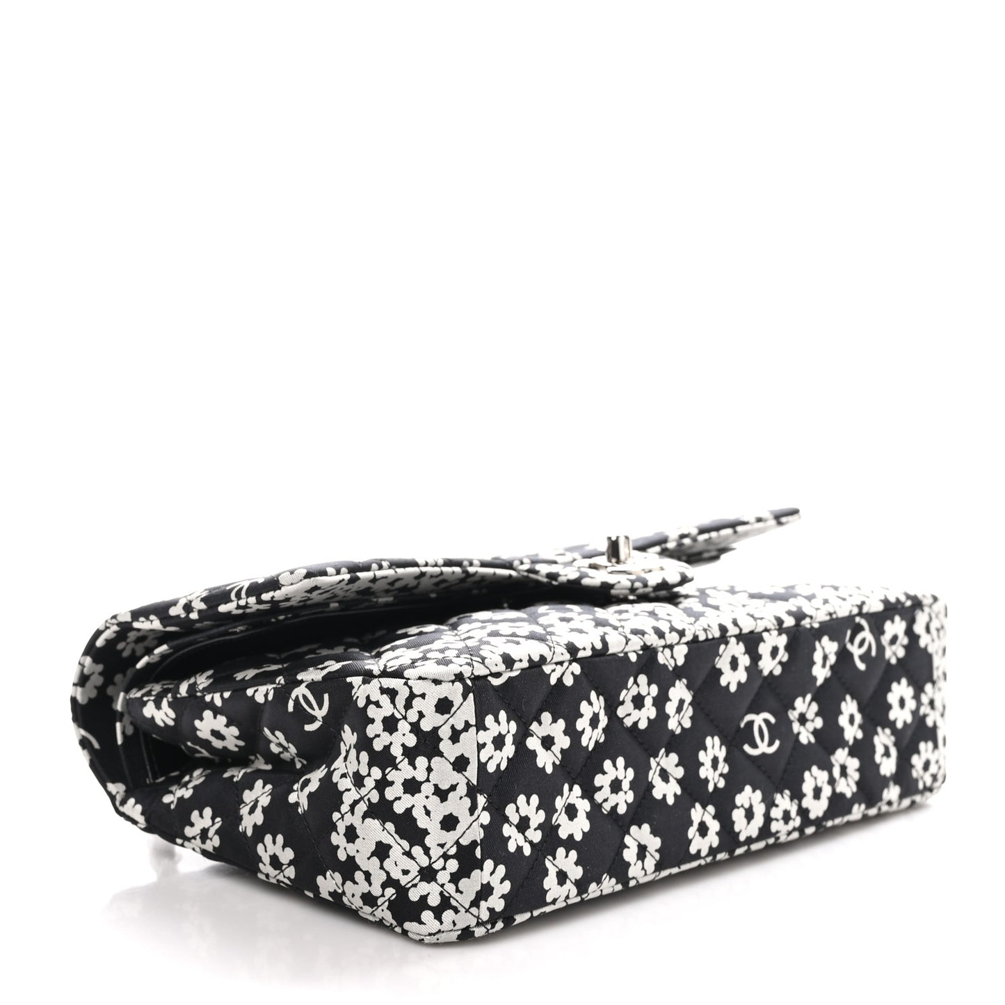 Canvas Floral Printed Quilted Medium Double Flap Black White
