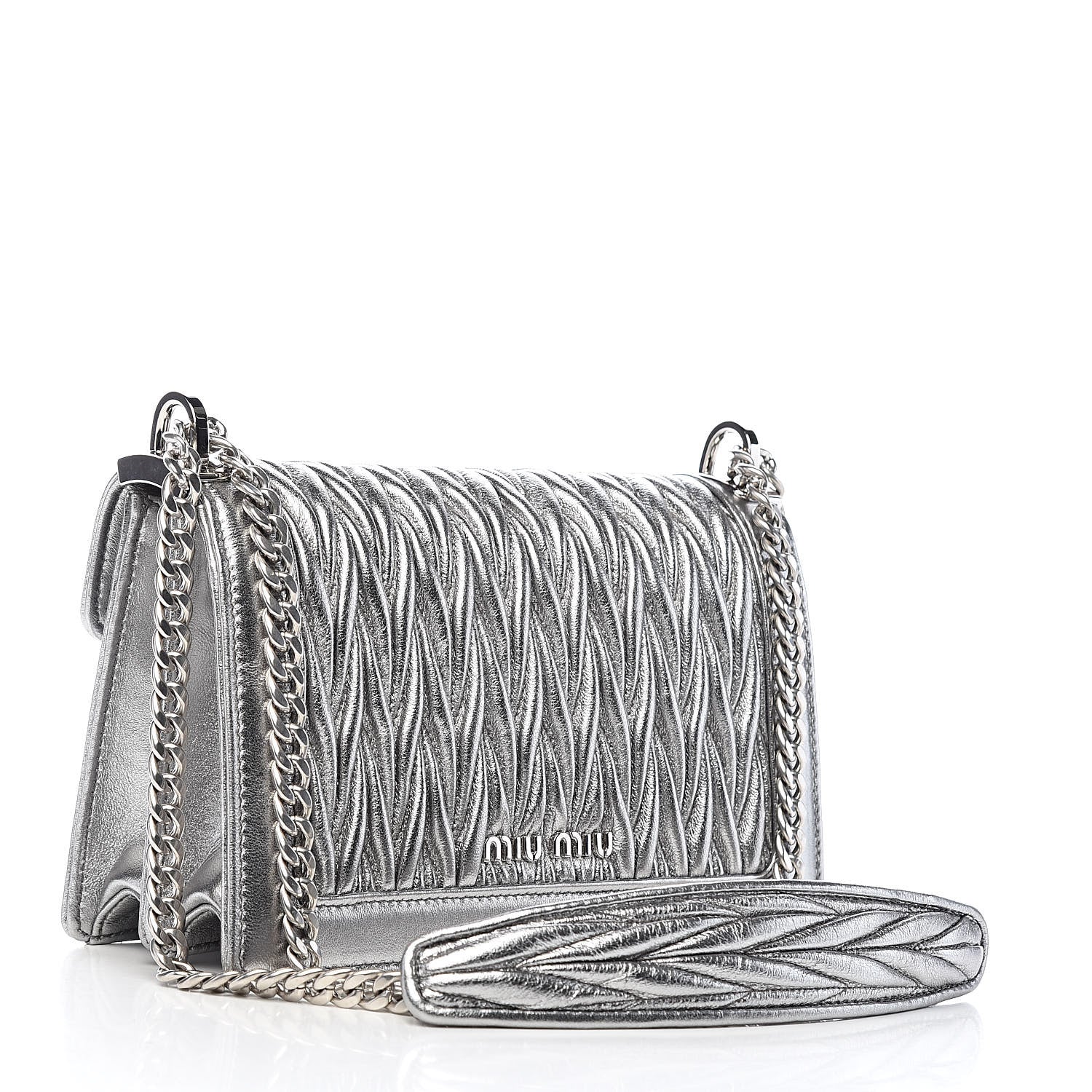 Miu Miu Metallic Lambskin Confidential Matelasse Chain Shoulder Bag Cromo 3 of 11