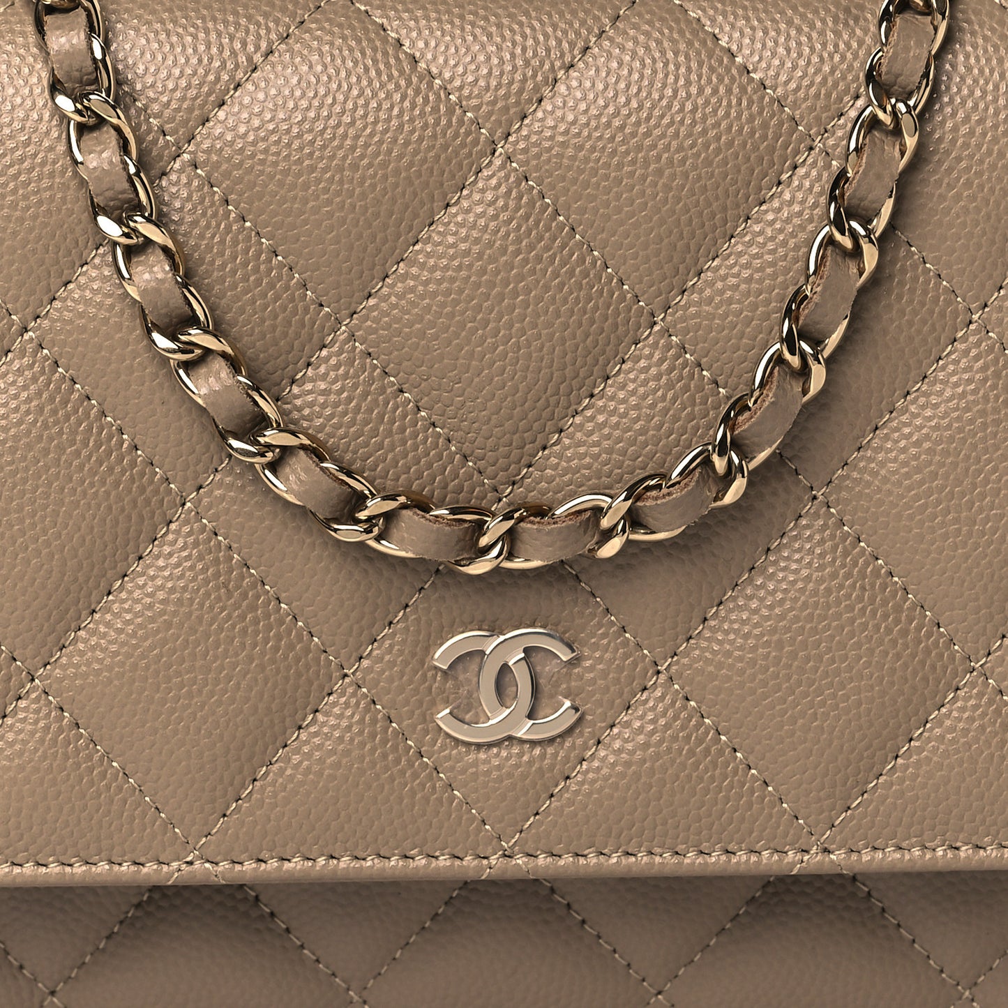 Metallic Caviar Quilted Wallet On Chain WOC Dark Gold
