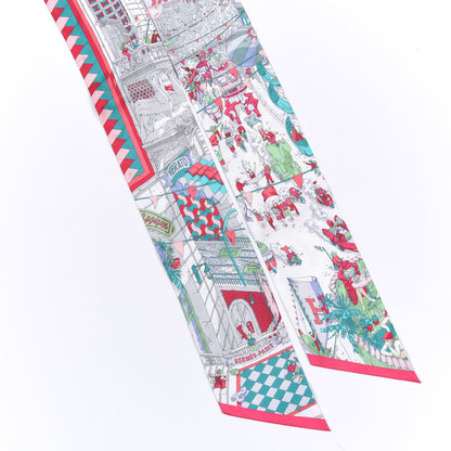 Hermes Silk Le Grand Prix du Faubourg Maxi Twilly Slim Vert Fuchsia Blanc 5 of 5