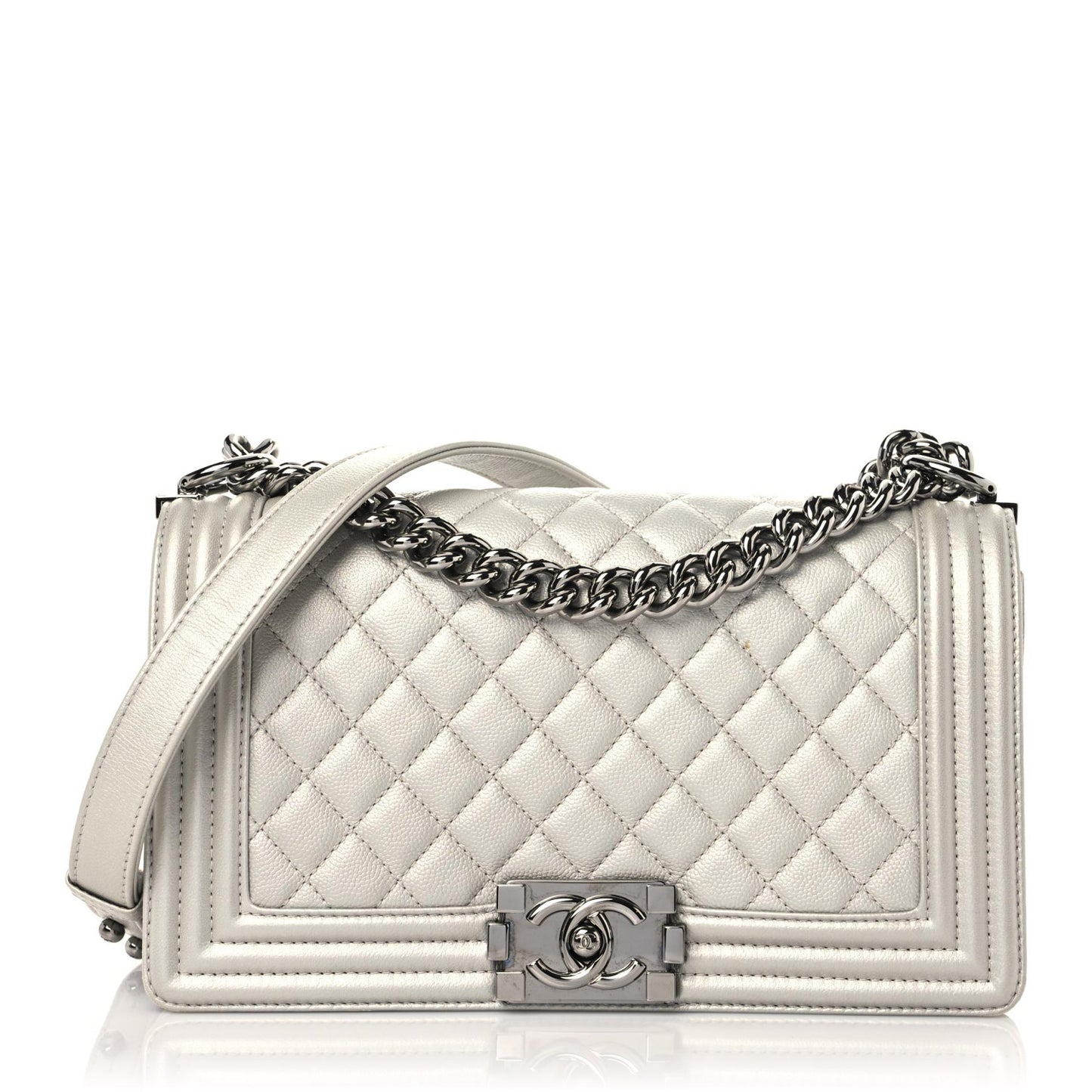 Metallic Caviar Quilted Medium Boy Flap Silver