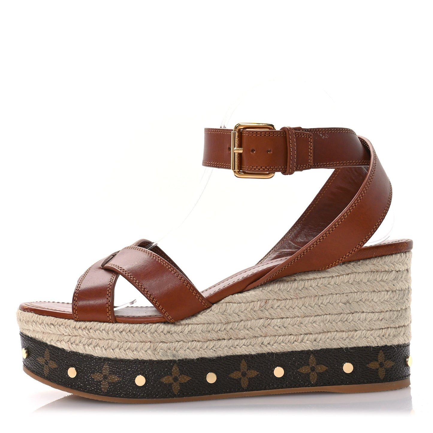 Calfskin Studded Espadrille Wedge Sandals 41 Cognac
