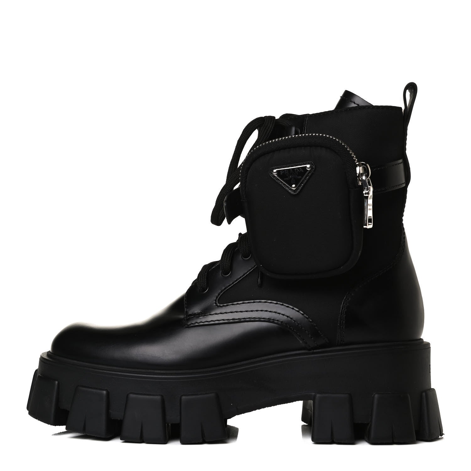 Prada Spazzolato Rois Nylon Metal Triangle Logo Monolith Pouch Pocket 55mm Boots 37.5 Black 1 of 15