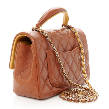 Chanel Lambskin Quilted Bi-Color Mini Top Handle Rectangular Flap Light Brown Yellow 3 of 12