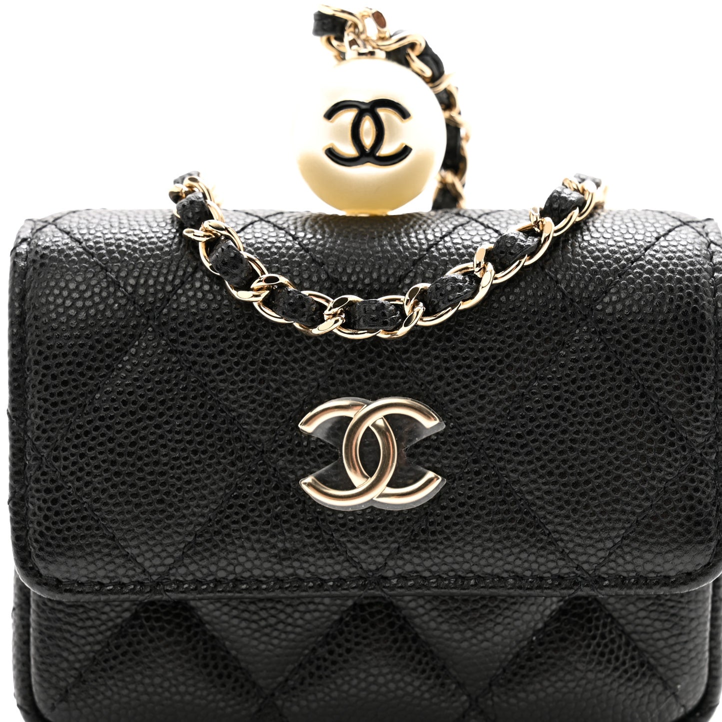 Caviar Quilted Mini Pearl On Top Coin Purse With Chain Black