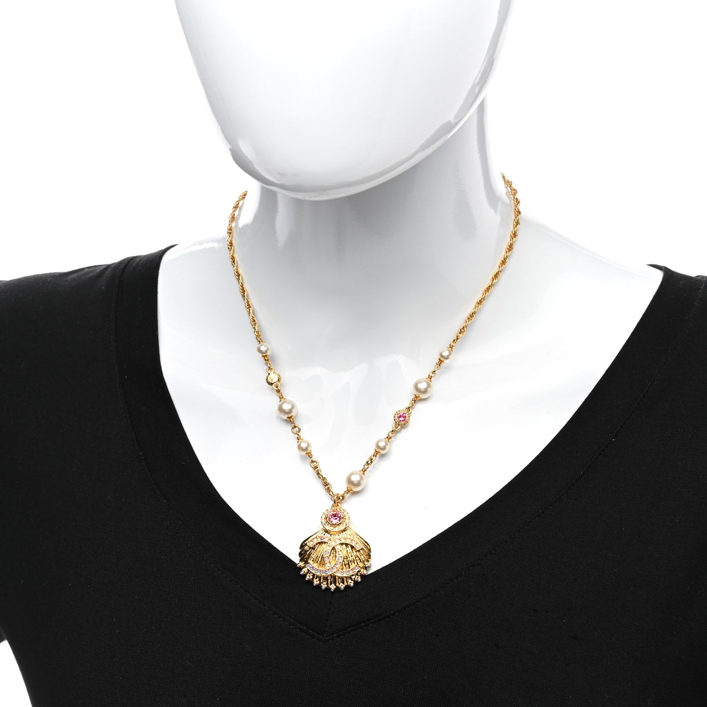 Metal Pearl Crystal CC Shell Necklace Gold Pink Multicolor