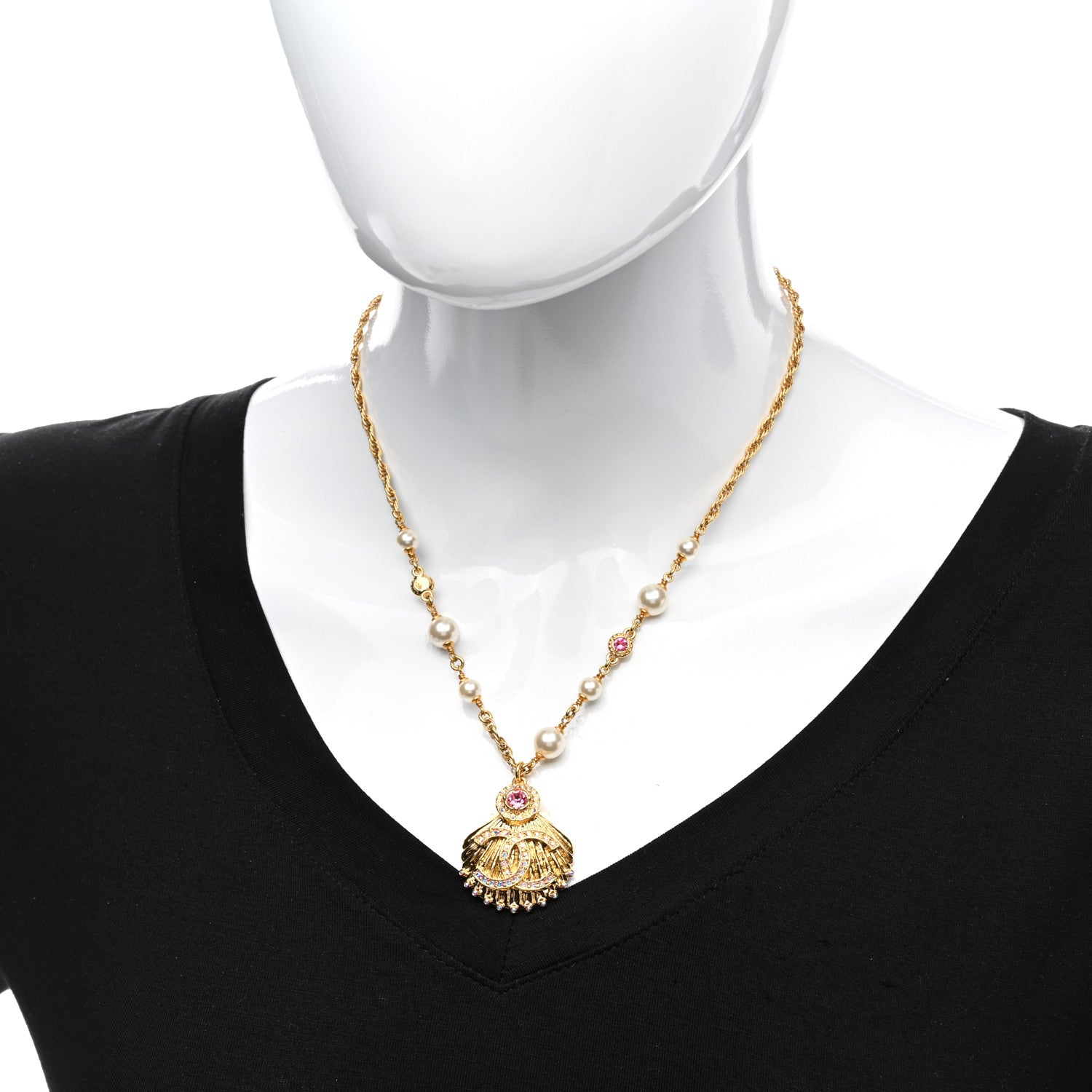 Chanel Metal Pearl Crystal CC Shell Necklace Gold Pink Multicolor 2 of 6