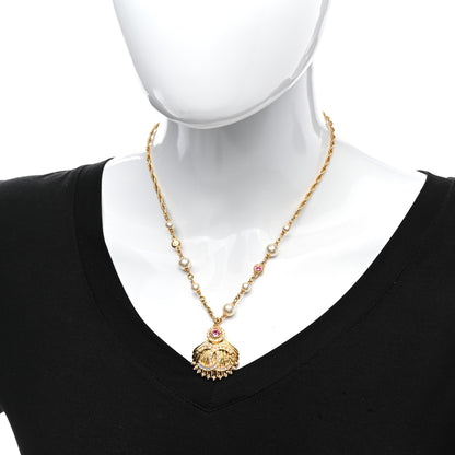Chanel Metal Pearl Crystal CC Shell Necklace Gold Pink Multicolor 2 of 6