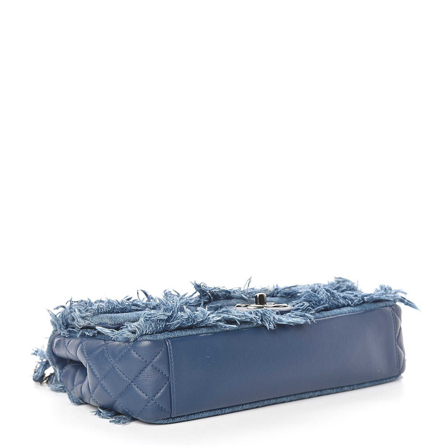 Calfskin Denim Fringe Chains Small Flap Blue